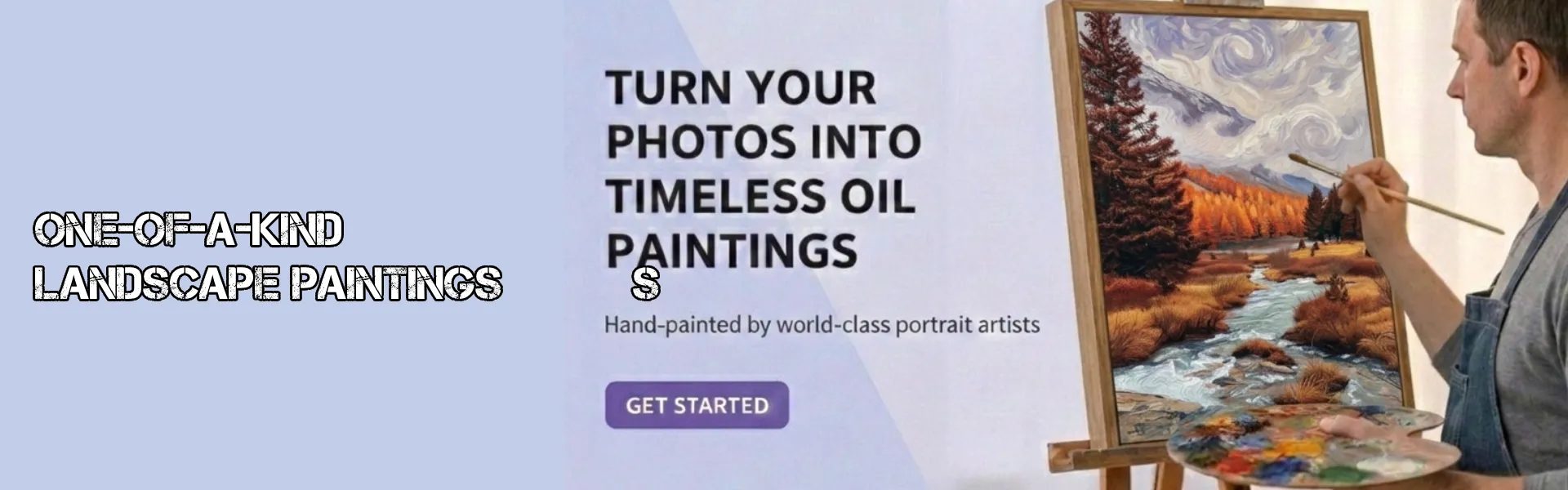 Custom landscape painting service with an artist hand‑painting a river and autumn trees from a photo, showcasing one‑of‑a‑kind hand‑painted oil artwork.